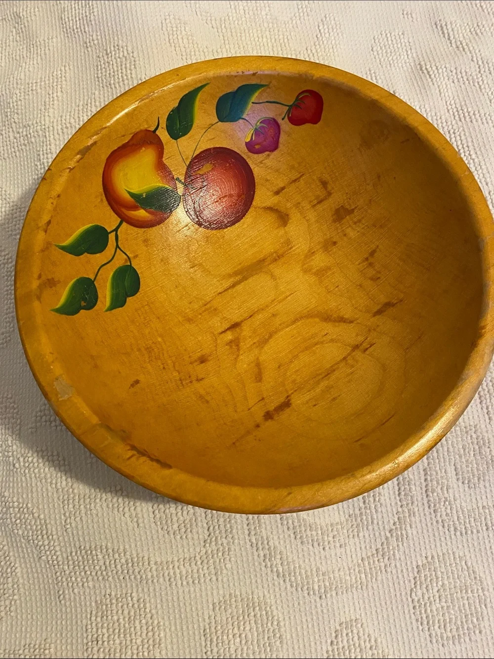 Hand-Painted Yellow Wooden Fruit Bowl - Home Dining, has wear from use.